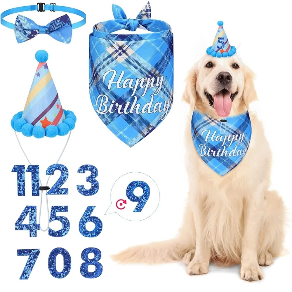 Pet Birthday Bandana Party Supplies with Hat Collar Numbers Plaid Triangle Scarf